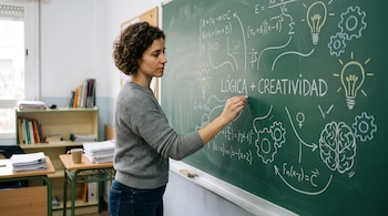 Una mujer escribe con tiza sobre una pizarra verde con esquemas, fórmulas, engranajes y el texto LÓGICA + CREATIVIDAD.