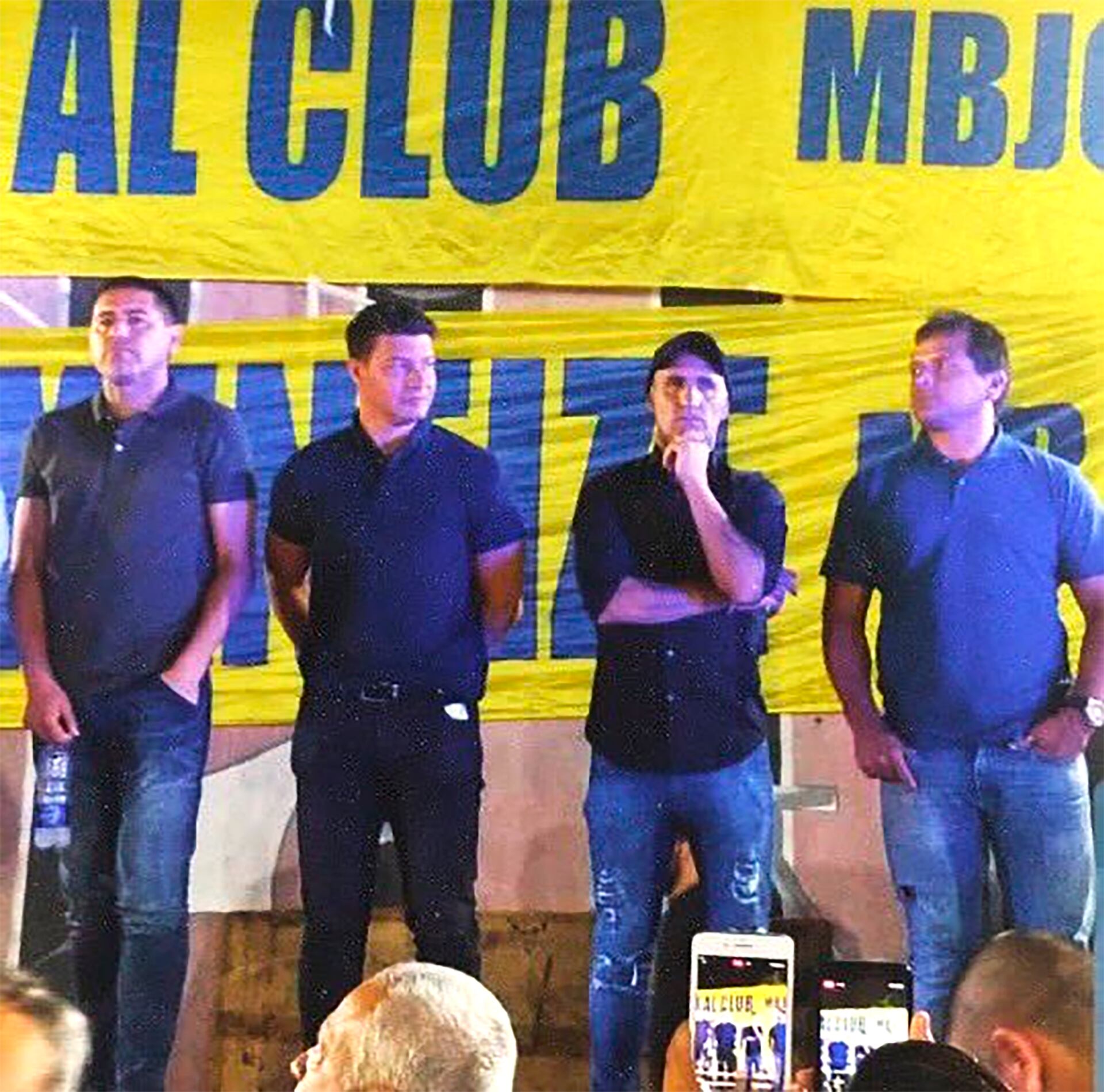 Juan Román Riquelme, Sebastián Battaglia, Raúl Cascini y Marcelo Delgado, durante un acto de campaña previo a las elecciones presidenciales de Boca en 2019