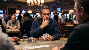 Un hombre sentado a una mesa sostiene cartas de póker frente a varias fichas de juego y un vaso de agua en un casino iluminado.