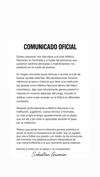 Comunicado de Sebastián Guzmán + crédito Sebastián Guzmán