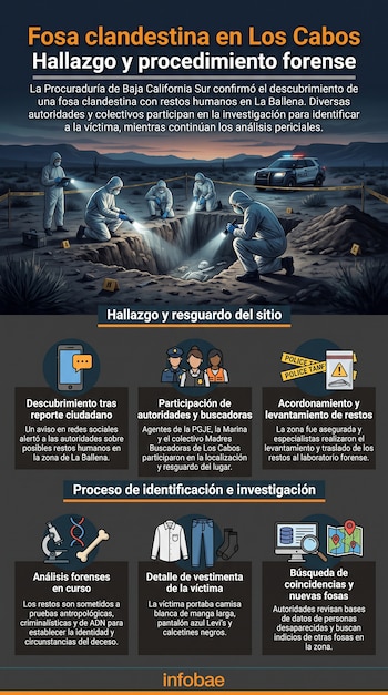 Infografía de la investigación de una fosa clandestina con figuras de equipo forense, un automóvil policial y secciones con texto e íconos.