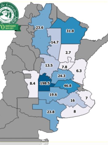 El mapa indica la superficie sembrada con cultivos de servicios para campaña 2023/24, expresado en miles de hectáreas (BCBA)