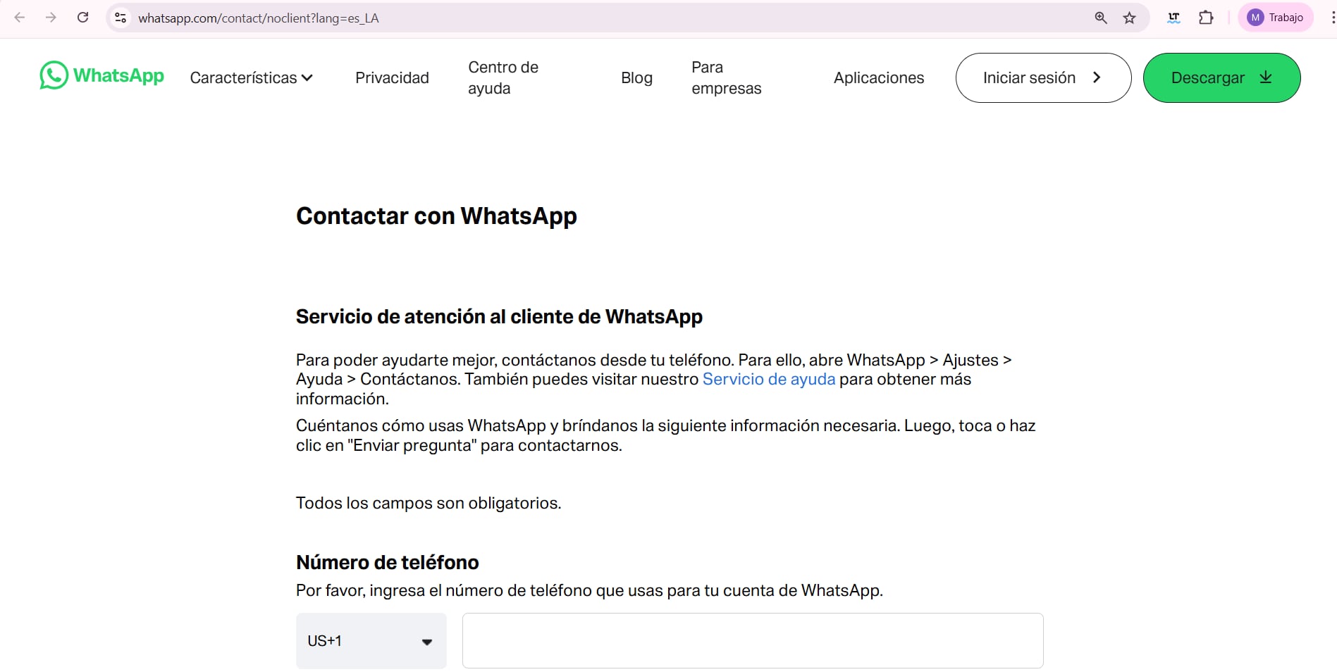 A través de la página de soporte, puedes acceder a un contacto directo con WhatsApp. (WhatsApp)