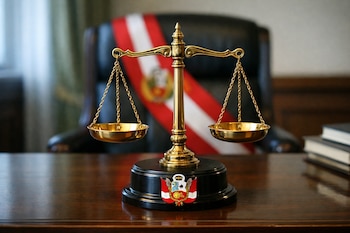 Balanza de la justicia dorada con el escudo de Perú en su base, sobre una mesa oscura. Al fondo, una banda presidencial roja y blanca en una silla.