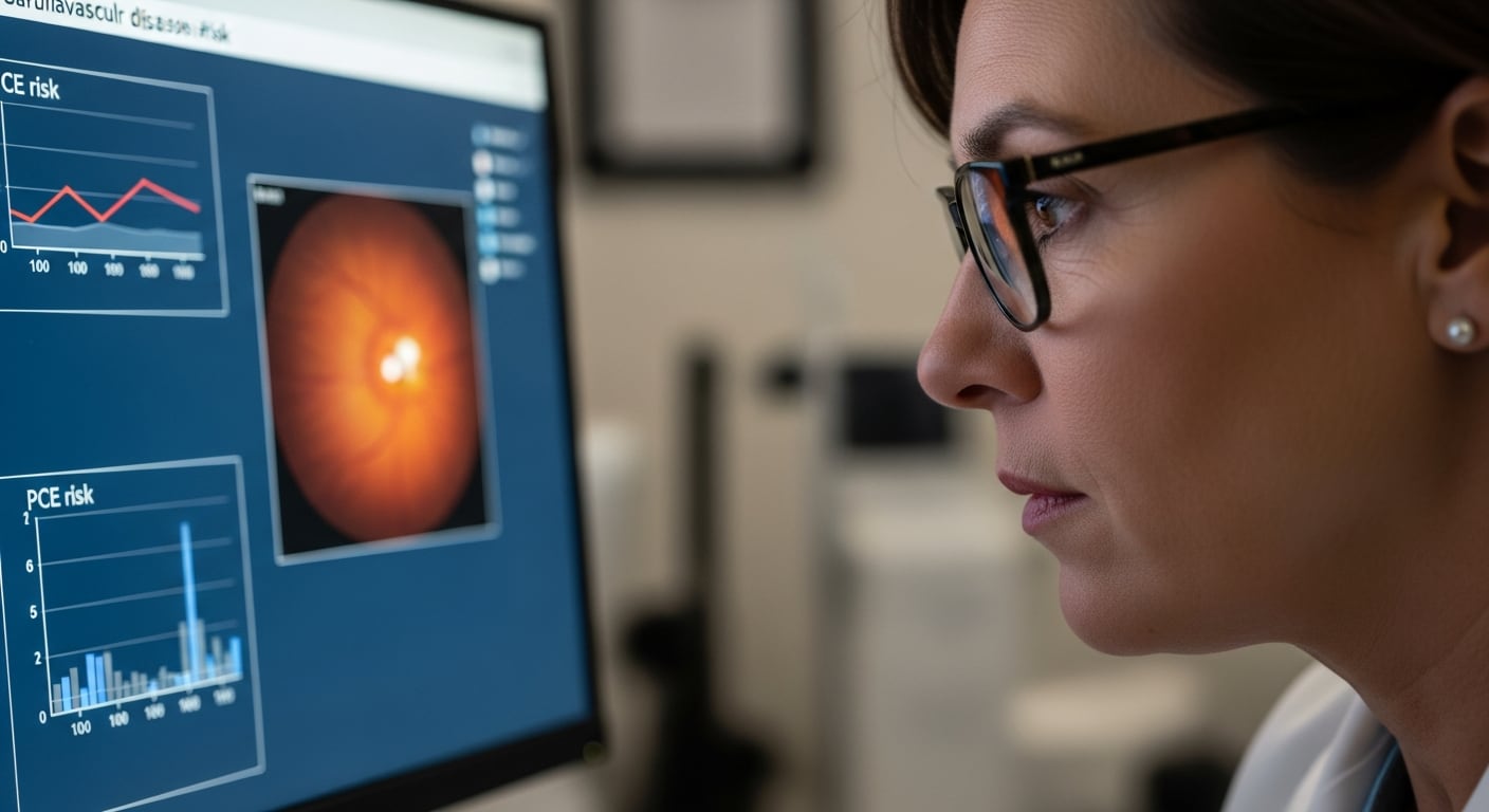 Una oftalmóloga observa detenidamente una pantalla de computadora que muestra imágenes detalladas del fondo de ojo y gráficos de riesgos cardiovasculares. El uso de herramientas digitales facilita la detección temprana de enfermedades y mejora el diagnóstico en clínicas modernas. (Imagen Ilustrativa Infobae)