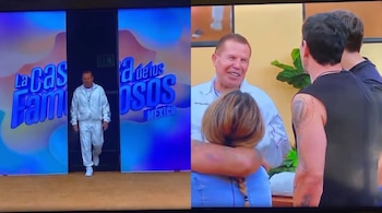 Dos imágenes compuestas en las que un hombre con ropa deportiva blanca cruza una puerta de escenografía y saluda a varias personas.
