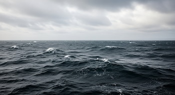 Una vista amplia de un océano oscuro y turbulento con numerosas olas. El cielo está completamente cubierto de nubes grises.