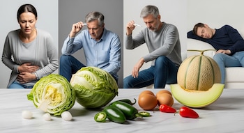 Mujer con dolor abdominal, hombre con termómetro en la frente, hombre con termómetro, joven durmiendo en sofá. Alimentos frescos: lechugas, jalapeños, huevos, melón.