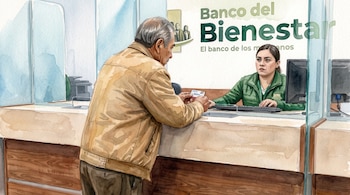 Un hombre mayor entrega una tarjeta a una empleada detrás de una ventanilla de vidrio con el letrero Banco del Bienestar.