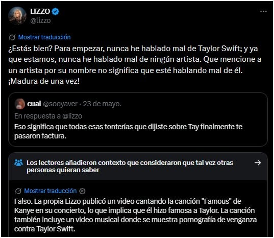 Lizzo afirmó que jamás dijo algo malo sobre Taylor Swift. (X)