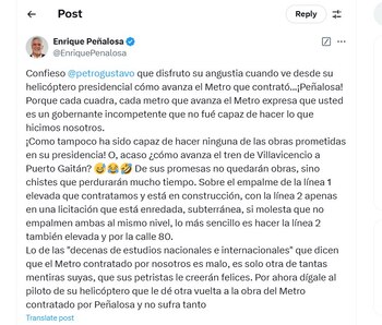 Enrique Peñalosa contestó a críticas del presidente Petro al metro elevado - crédito @EnriquePenalosa