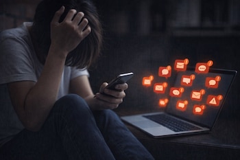 Una persona sentada con la cabeza gacha sostiene un teléfono móvil, mientras un ordenador portátil muestra iconos de notificaciones, mensajes y alertas.
