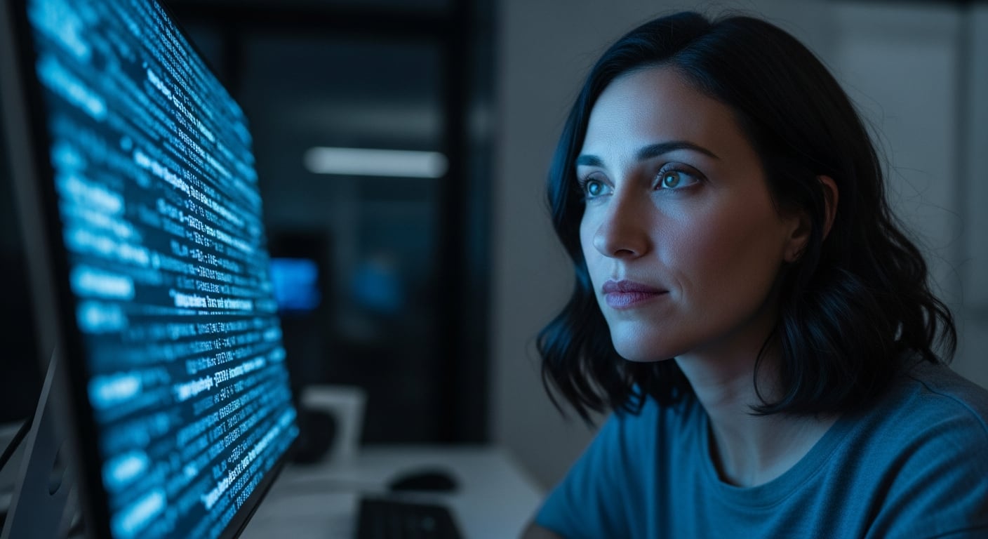 Una mujer mira fijamente una pantalla de computadora con líneas de código, lo cual ilustra el complejo procesamiento de la información digital. (Imagen Ilustrativa Infobae)