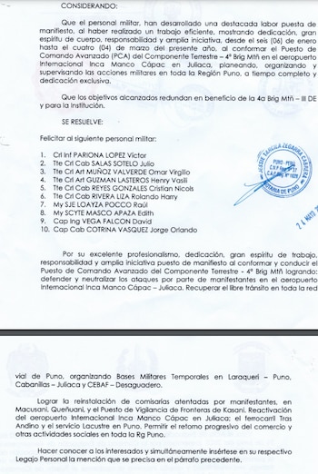 Documento del Ejército felicita a