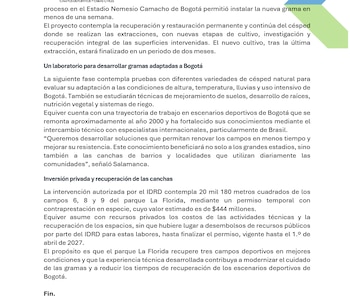 Segunda parte del comunicado de Equiver sobre el estadio de la grama del estadio Nemesio Camacho el Campín - crédito Equiver