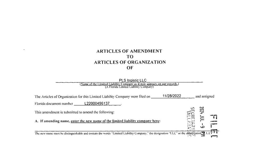 La incorporación de PLS Logistics en el Estado de Florida