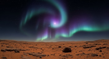 Paisaje desértico rojizo con rocas esparcidas bajo un cielo oscuro y estrellado, donde una aurora brillante muestra tonos verdes, púrpuras y azules.