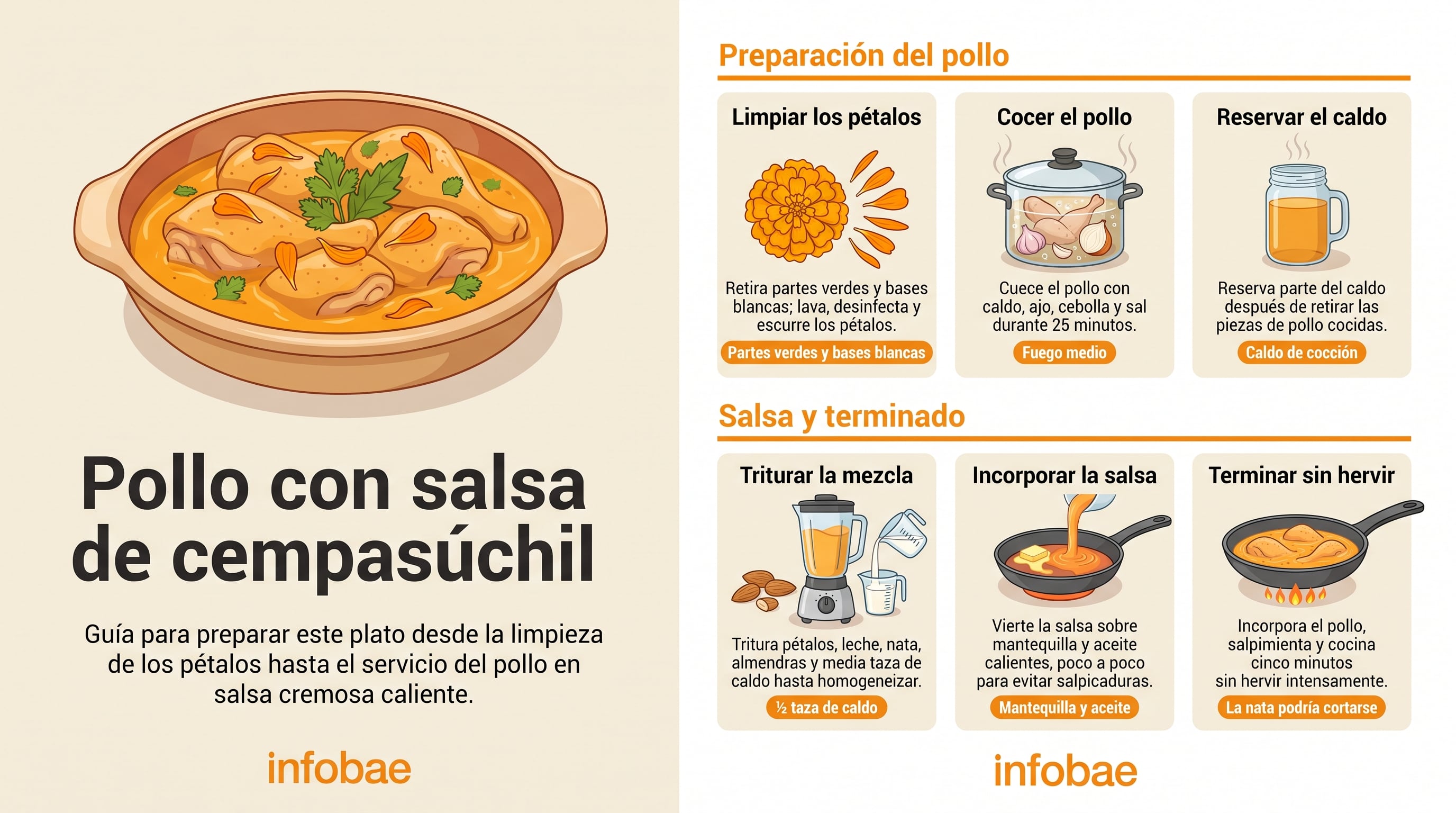 Una infografía de Infobae detalla las instrucciones paso a paso para cocinar pollo en salsa de cempasúchil, desde el tratamiento de los pétalos hasta la cocción final. (Imagen Ilustrativa Infobae)