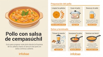 Infografía con cazuela de pollo cocinado, textos instructivos y seis viñetas ilustradas sobre ingredientes, ollas y sartenes.