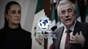 Retrato de Claudia Sheinbaum a la izquierda y Rocha Moya a la derecha, con el logo azul de Interpol en el centro. Al fondo se distingue una bandera mexicana.