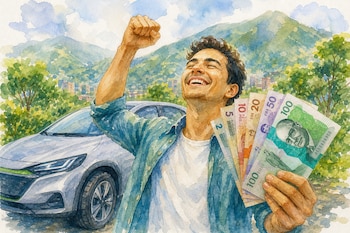 Ilustración en acuarela de un hombre sonriente alzando el puño con billetes en la mano frente a un automóvil gris y un paisaje de montañas.