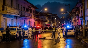 Escena nocturna en una calle de Barranquilla con un cuerpo cubierto en el suelo, rodeado por policías, personal forense y vehículos de emergencia.