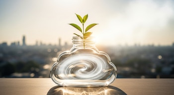 Planta verde brota de botella de vidrio en forma de nube con remolino blanco. Sobre madera, con horizonte urbano borroso y luz solar de fondo.