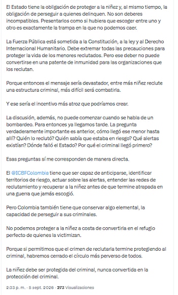 La directora del Icbf, Carolina Restrepo Cañavera, indicó que la entidad tiene que ser capaz de anticiparse, identificar territorios de riesgo, actuar sobre las alertas, entender las redes de reclutamiento y recuperar a la niñez - crédito @carorestrepocan/X