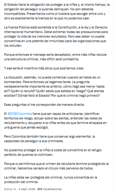 La directora del Icbf, Carolina Restrepo Cañavera, indicó que la entidad tiene que ser capaz de anticiparse, identificar territorios de riesgo, actuar sobre las alertas, entender las redes de reclutamiento y recuperar a la niñez - crédito @carorestrepocan/X