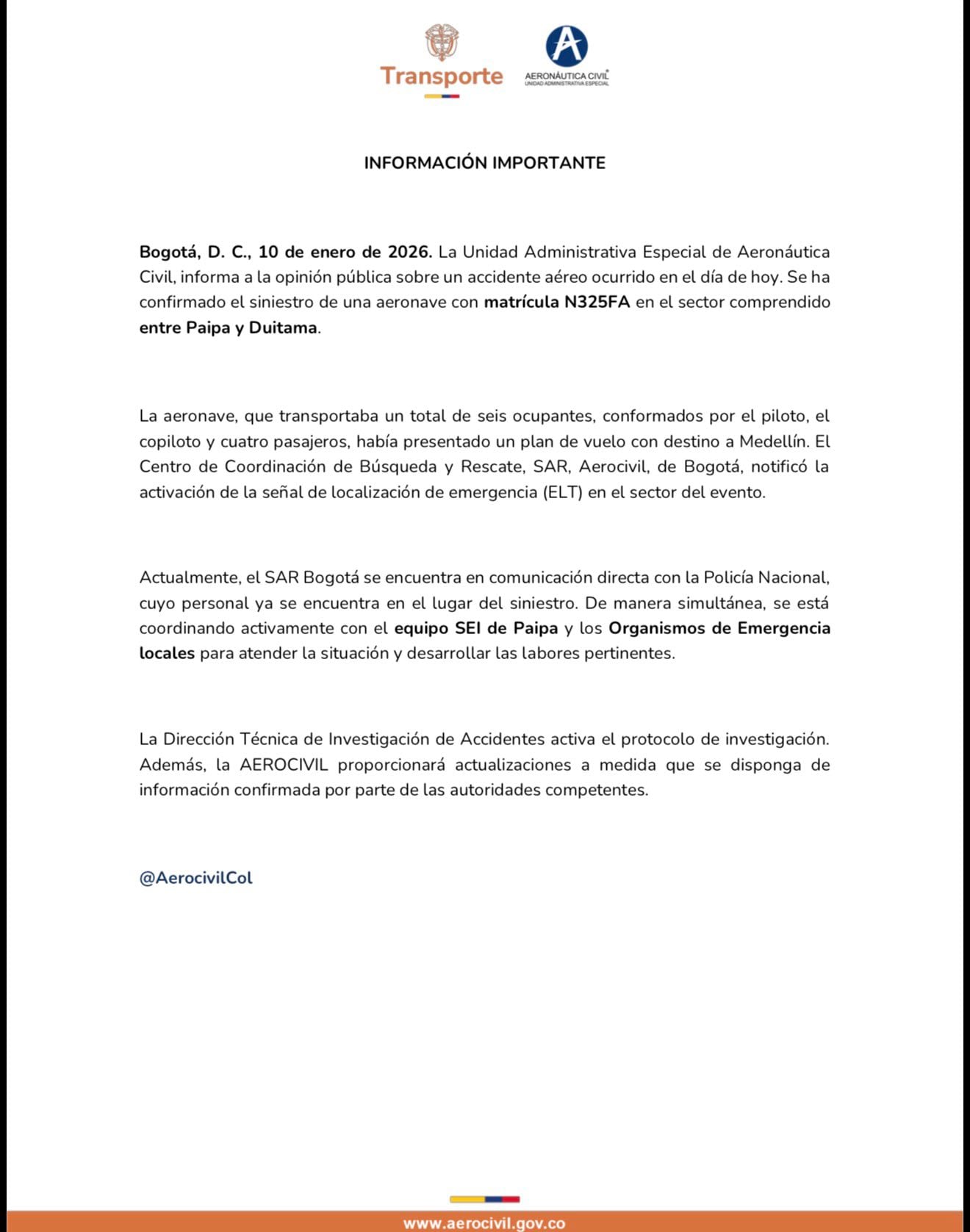 Este es el comunicado oficial de la Aeronáutica Civil sobre el accidente - crédito Aerocivil