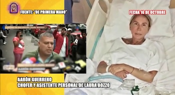 Laura Bozzo recostada en una cama de hospital con tubos médicos y un recuadro en el que un hombre habla ante varios micrófonos