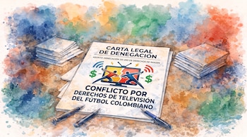 Documento legal, dos pilas de hojas, tres plumas y una ilustración de figuras en disputa por una pantalla de televisión con símbolos de dinero.