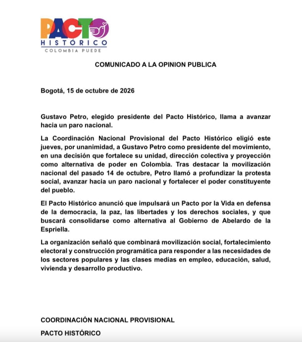 El Pacto Histórico, a través de sus canales oficiales, confirmó la elección de Gustavo Petro como su presidente (- crédito @PactoCol/X)