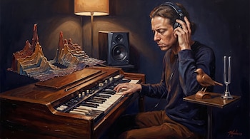 Pintura de un hombre con auriculares ante un teclado de madera, un relieve del espectro sonoro, un altavoz, un diapasón y una figura de pájaro.