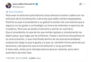 Juan Carlos Gossaín defendió los mensajes y las palabras usados por el presidente Abelardo de la Espriella - crédito @JCGossain/X