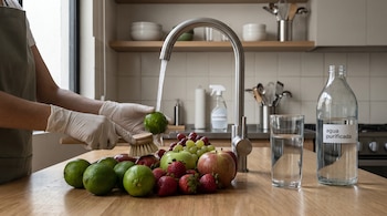 Manos enguantadas lavan una lima con un cepillo bajo un grifo de agua; fresas, uvas y manzanas están sobre la mesa junto a un vaso y una botella de agua purificada.