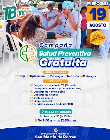 Los vecinos podrán acceder a diversas especialidades médicas sin costo, entre ellas triaje, optometría, psicología, nutrición y podología - Créditos: Municipalidad de San Martín de Porres.