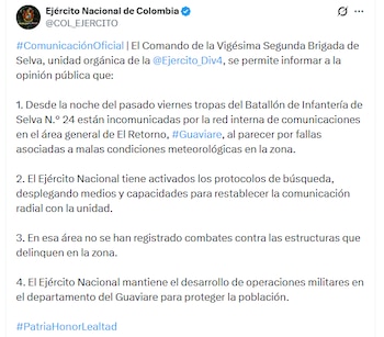 Comunicado Ejército Nacional - crédito @COL_EJERCITO/X