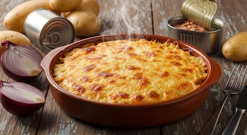 Pastel de papa con atún humeante en fuente de cerámica marrón, con queso gratinado y dorado. Rodeado de papas crudas, cebollas rojas y latas de atún en mesa rústica.