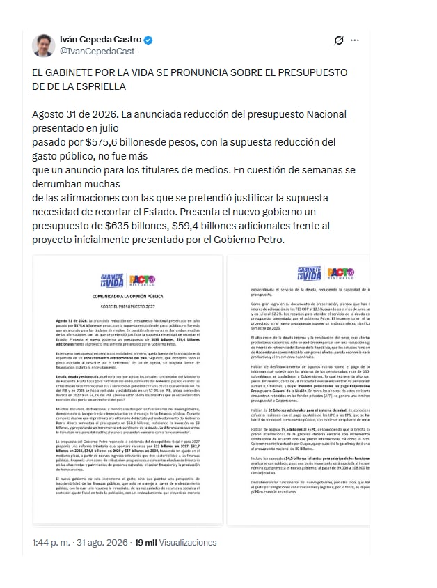 Con este mensaje, el senador Iván Cepeda Castro, impulsor del 'Gabinete alterno', se pronunció sobre el presupuesto de Abelardo de la Espriella - crédito @IvanCepedaCast/X