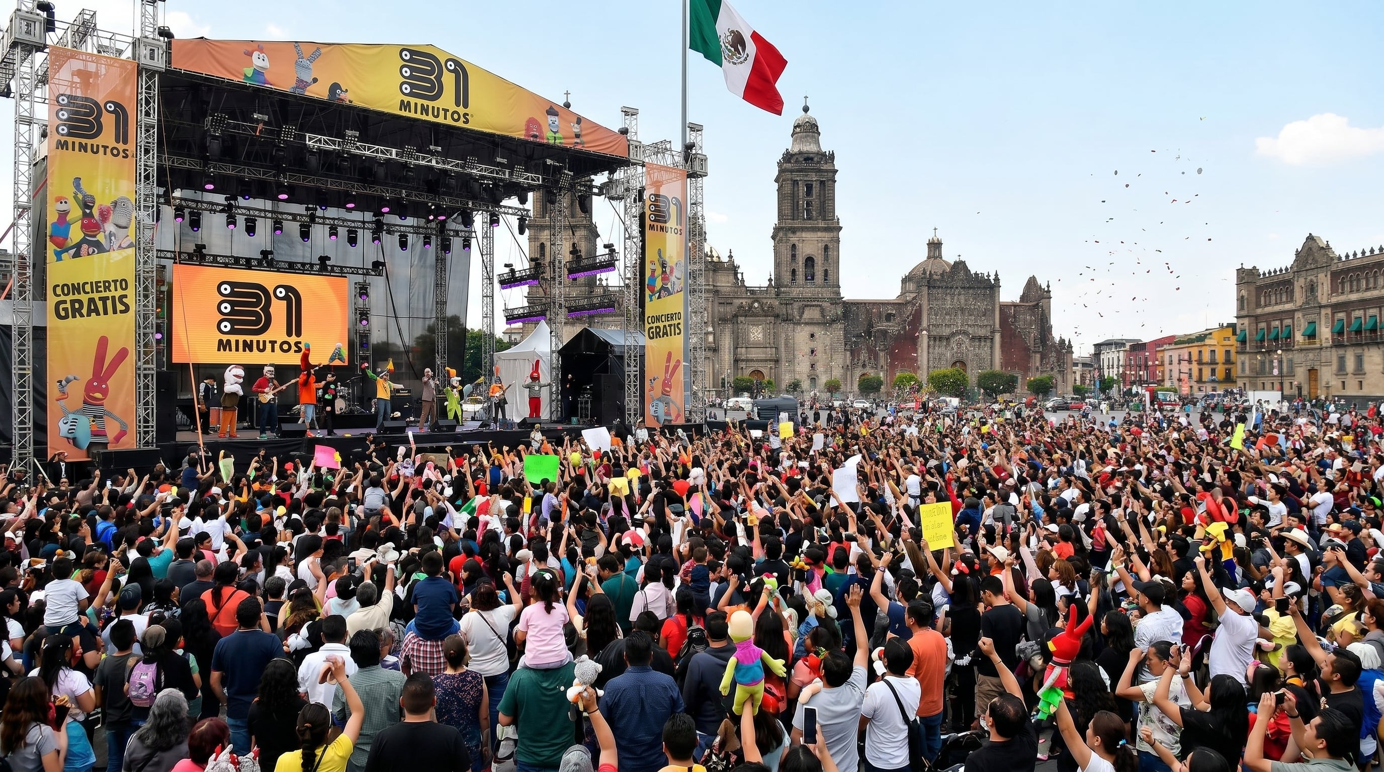 Miles de personas podrán disfrutar del concierto gratuito de 31 Minutos en el Zócalo de la Ciudad de México, con la Catedral Metropolitana de fondo, celebrando el Día del Niño. (Imagen Ilustrativa Infobae)
