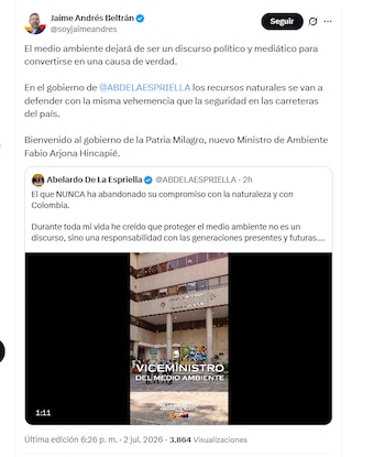 Jaime Andrés Beltrán, que fue gerente nacional de regiones de la campaña de De la Espriella, celebró el nombramiento de Fabio Arjona como ministro de Ambiente - crédito @soyjaimeandres/X