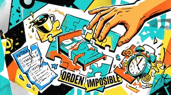 Ilustración con una mano sobre piezas de rompecabezas, un reloj desarmado, café derramado, un papel roto y el texto orden imposible.
