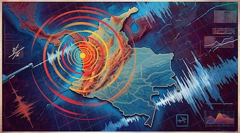 Mapa ilustrado de Colombia con ondas concéntricas en la zona occidental y gráficos de ondas sísmicas en el fondo.