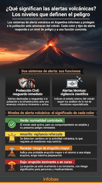 Infografía sobre alertas volcánicas en Argentina. Muestra un volcán en erupción y explica los niveles de peligro: verde, amarillo, naranja y rojo.