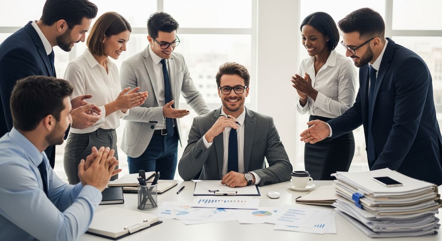 Un grupo de profesionales sonrientes felicita a un colega en una oficina contemporánea, rodeados de documentos y gráficos financieros. La imagen refleja un ambiente de éxito, colaboración y reconocimiento en el entorno corporativo. (Imagen Ilustrativa Infobae)