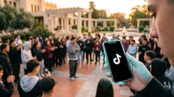 Mano que sostiene un teléfono con el logotipo de TikTok frente a un grupo de personas desenfocadas en un parque.