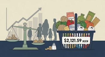 Ilustración: canasta con productos básicos y precio de $2,121.59 MXN. Balanza desequilibrada con dinero, siluetas de familias y gráfico ascendente al fondo.