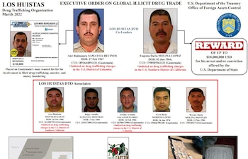 Documento oficial del Departamento del Tesoro de EE. UU. con fotos de los líderes de Los Huistas DTO y sus asociados, detalles de cargos y recompensa