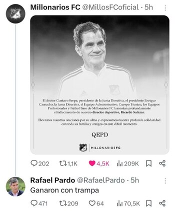 La publicación de Millonarios se